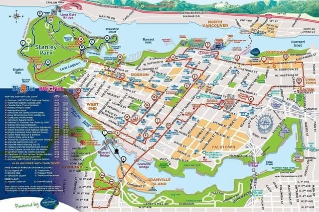 Mapa wycieczek autobusowych Vancouver Hop On Hop Off