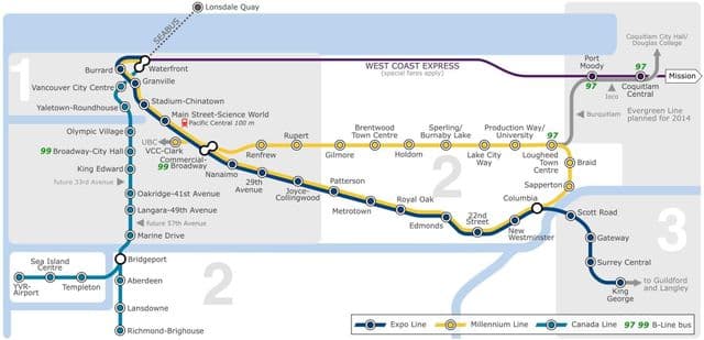 Mapa stacji metra w Vancouver