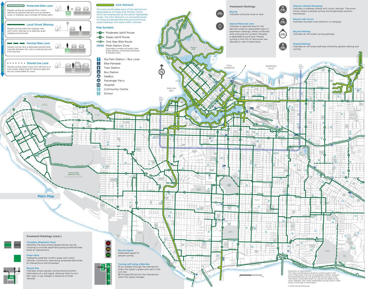 Mapa pasów rowerowych w Vancouver